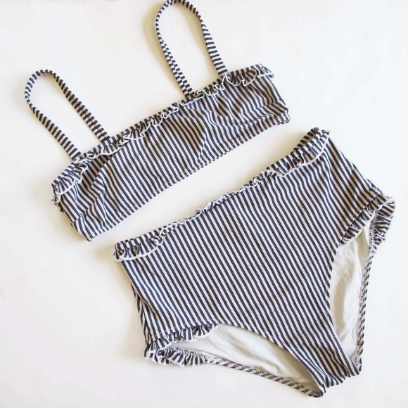Solid & Striped The Leslie Striped 2 Piece High Waist Bikini Gray White Ruffle S - Picture 1 of 6